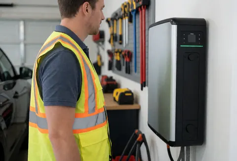 Technician in safety vest checks wall-mounted solar battery in organized garage with tools and car in background