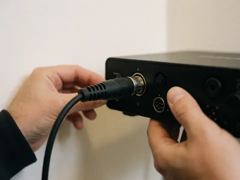 Hands connecting an XLR cable to a black audio interface against a white wall with soft professional lighting