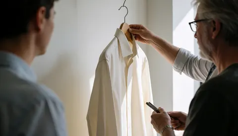 Two men in a sewing workshop examine a hanging white shirt while one holds a phone, illuminated by natural light