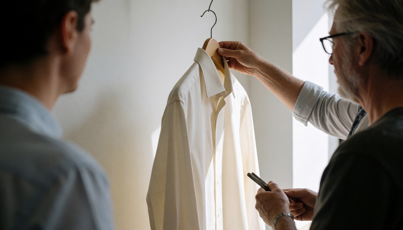 Two men in a sewing workshop examine a hanging white shirt while one holds a phone, illuminated by natural light