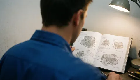 Repair technician studying a technical manual with machinery diagrams under a desk lamp in a white-walled workshop