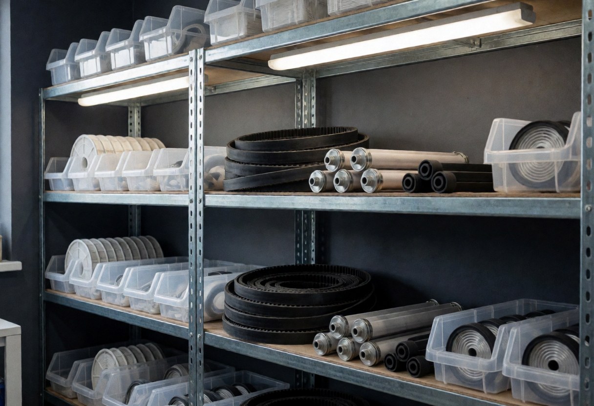 Metal shelves holding dryer components like belts, heating elements, and filters in clear containers under fluorescent lighting in a gray industrial workshop.