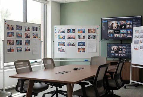 modern videographer workspace featuring storyboard boards, editing monitors, and an ergonomic conference table under natural light