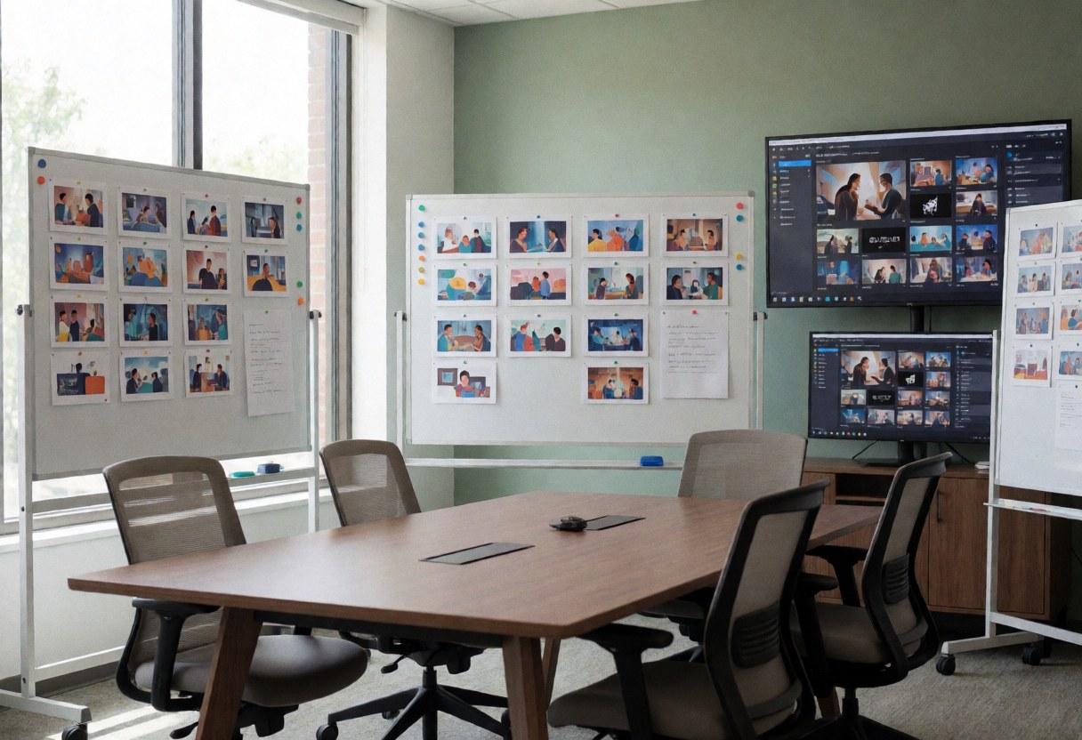 modern videographer workspace featuring storyboard boards, editing monitors, and an ergonomic conference table under natural light