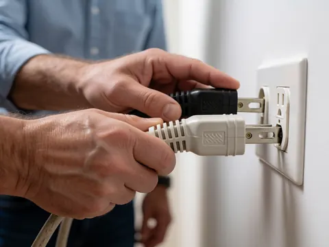Close-up of hands plugging a heavy-gauge electrical cord into a white wall socket, focusing on metal prongs and cable insulation during repair work
