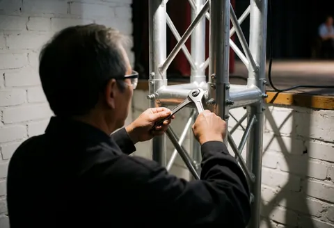 A technician wearing safety glasses uses an adjustable wrench to tighten a metal truss structure against a white brick wall during event lighting setup.