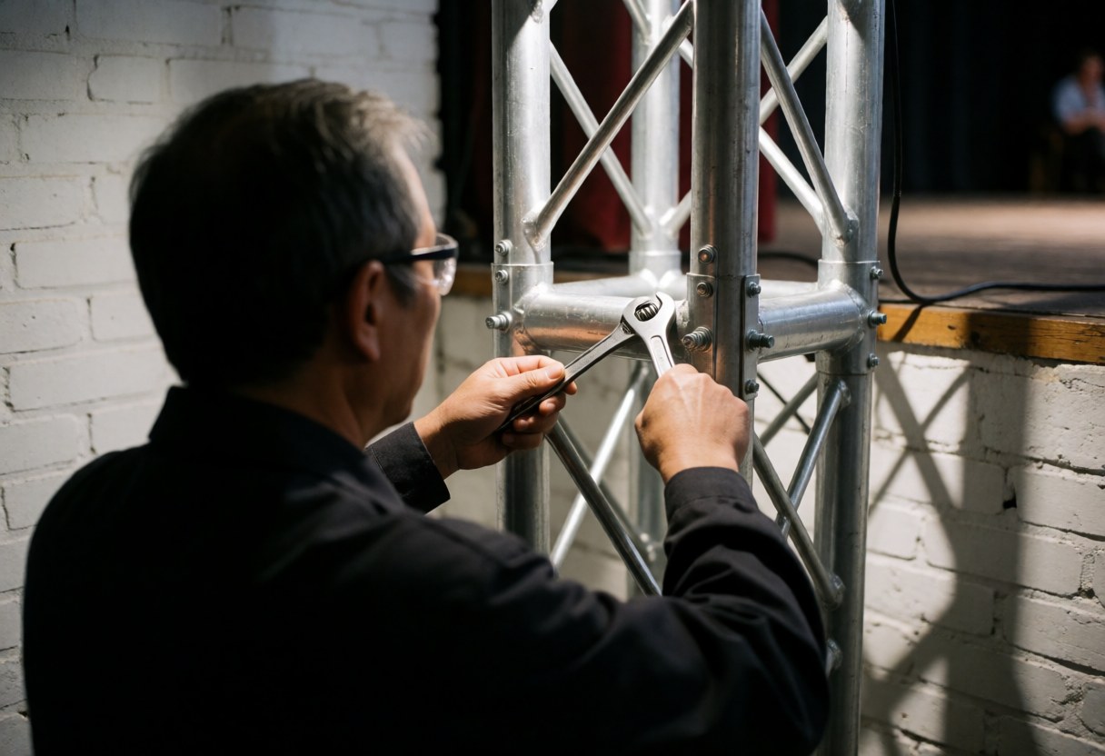 A technician wearing safety glasses uses an adjustable wrench to tighten a metal truss structure against a white brick wall during event lighting setup.