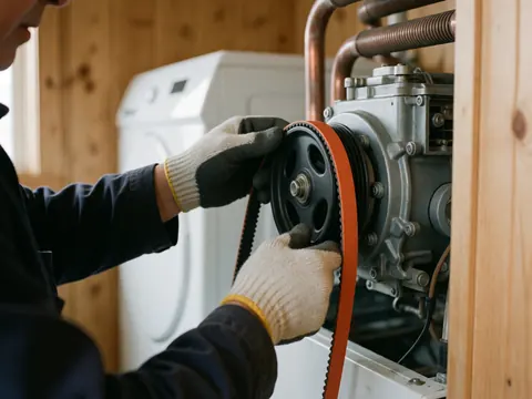 Technician wearing gloves installs an orange belt on a dryer motor with a blurred wooden wall and white washer in the background