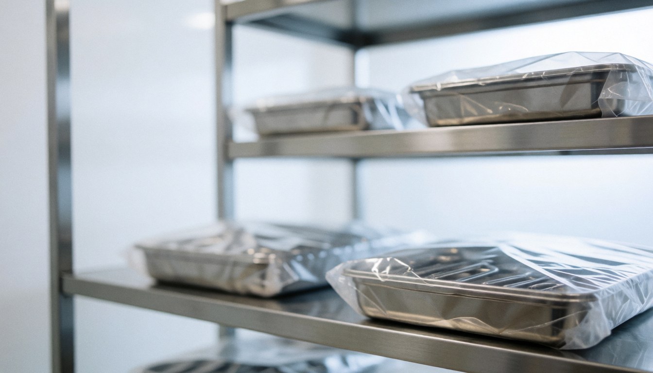 Metal shelving unit holding sterilized instrument trays wrapped in plastic against a clean white background with professional lighting.