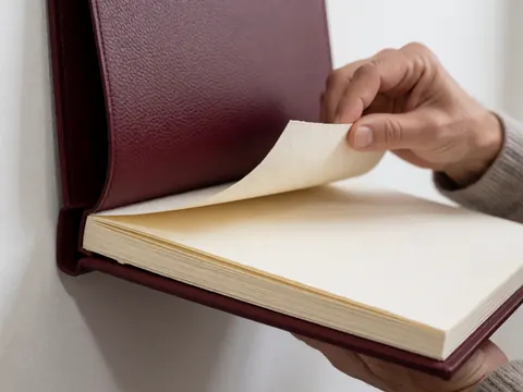 Close-up of a hand opening a burgundy leather graduation album with thick paper pages against a white background