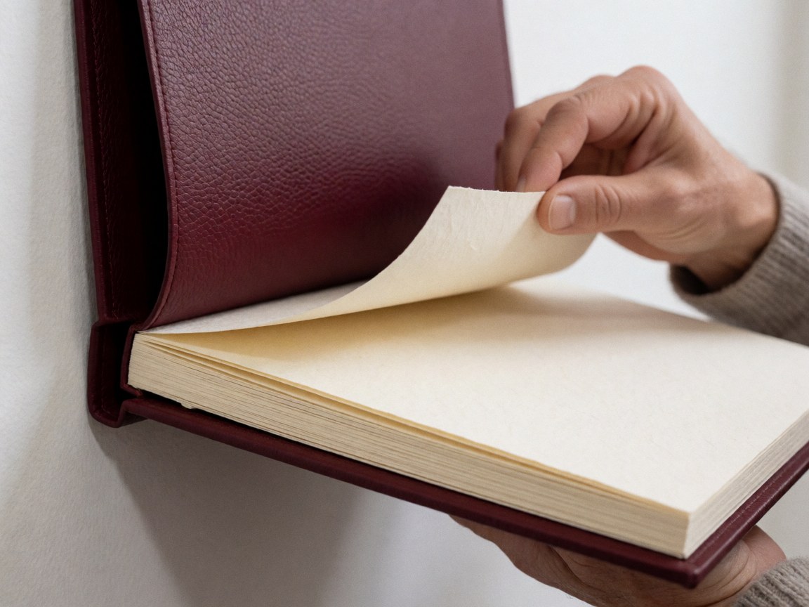 Close-up of a hand opening a burgundy leather graduation album with thick paper pages against a white background