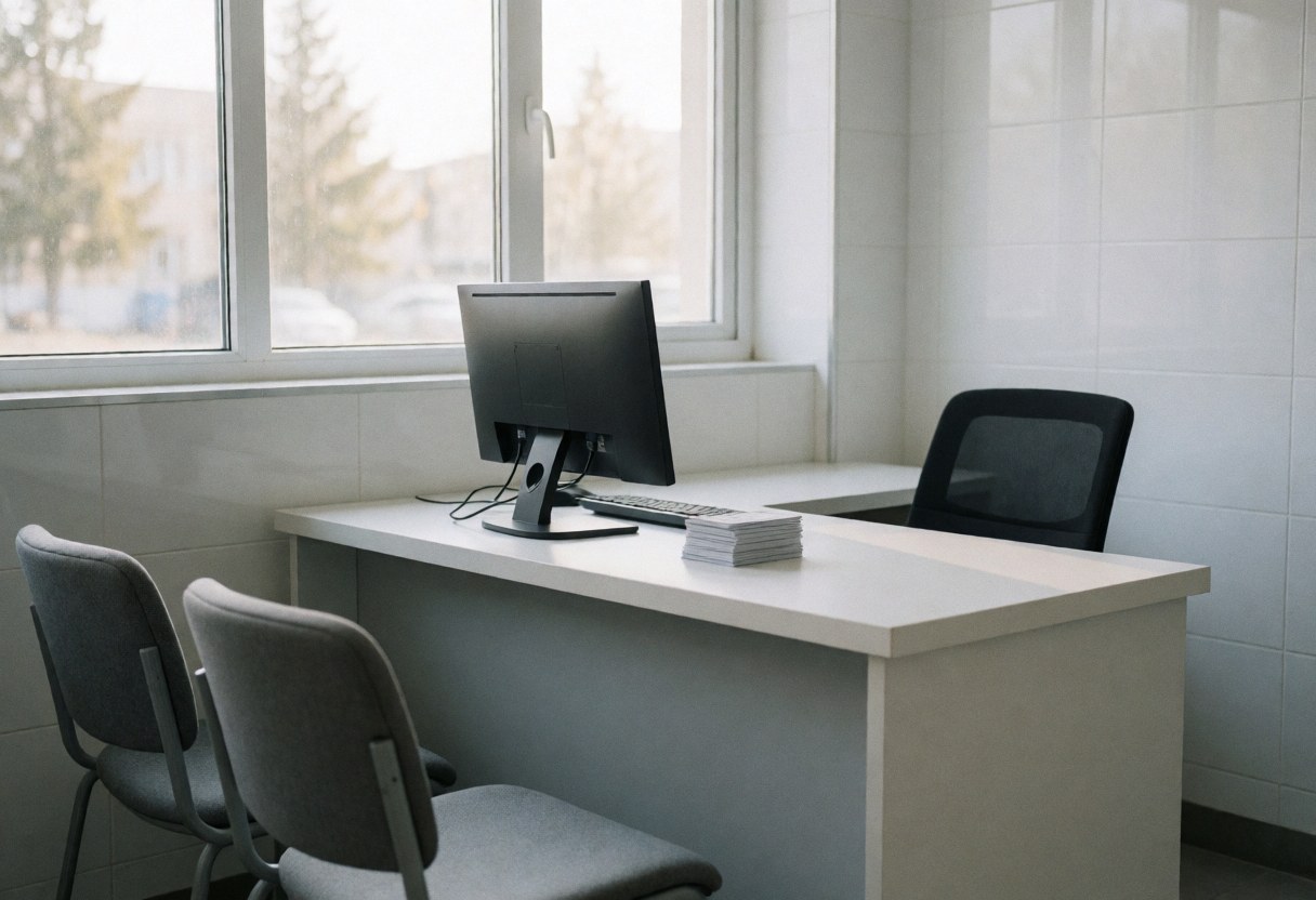 Modern white desk with computer and gray waiting chairs near a window with natural light in a clean microwave repair office
