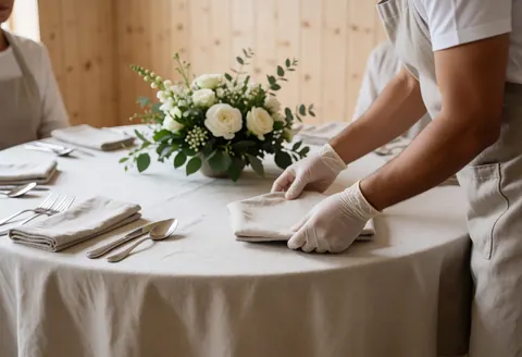Party coordinator wearing gloves and apron sets napkins on a round table with floral centerpiece against light wood wall