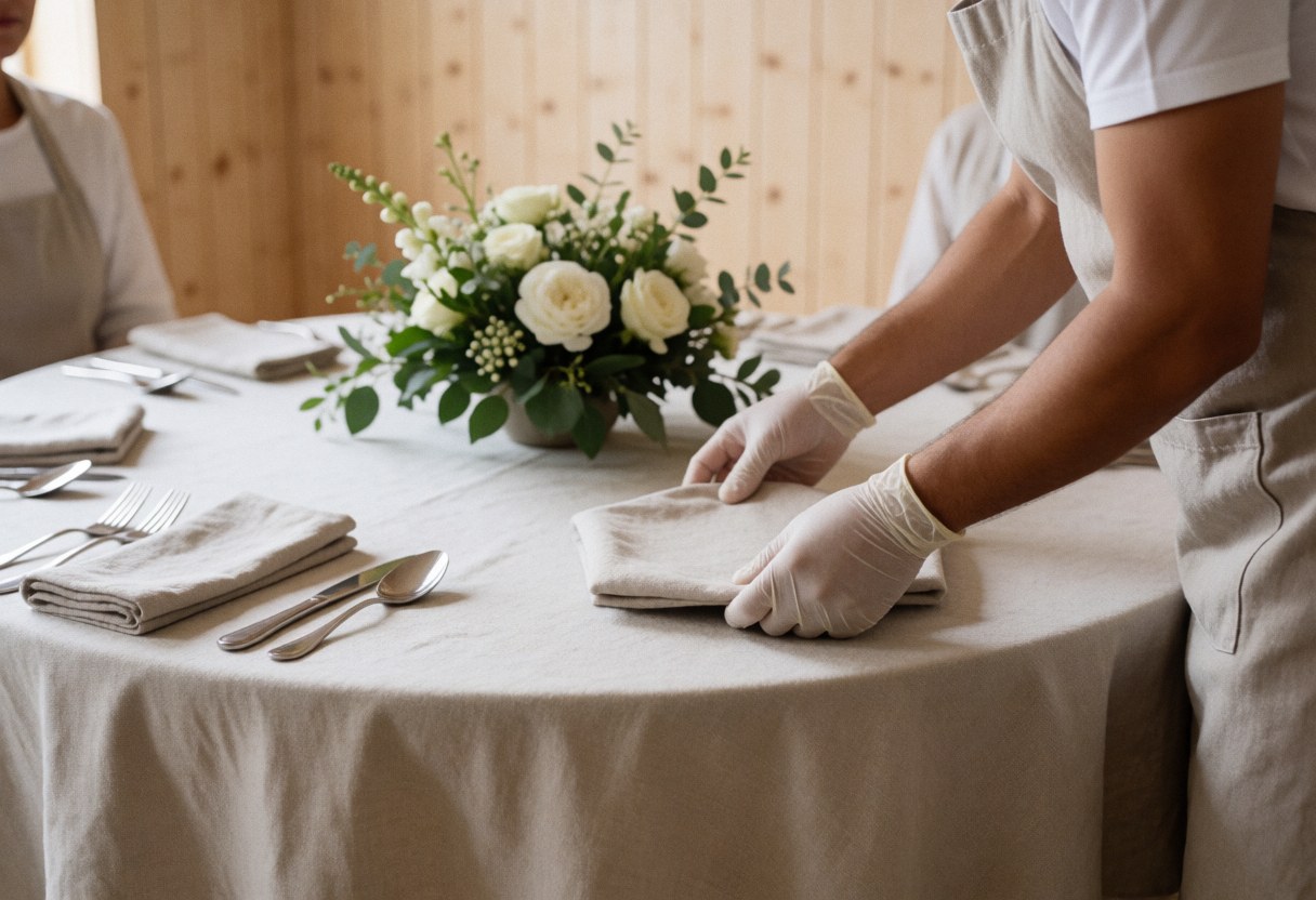 Party coordinator wearing gloves and apron sets napkins on a round table with floral centerpiece against light wood wall
