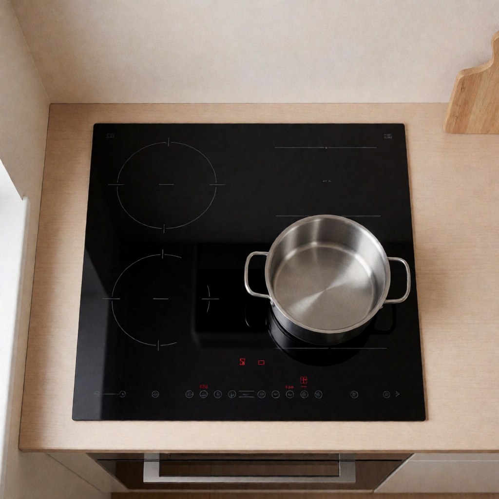 Top view of an empty stainless steel pot placed on a black induction cooktop with a light wood countertop and beige walls