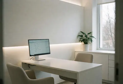 Clean and modern medical consultation room featuring a white desk, comfortable chairs, a monitor, and a plant near a window with natural light.