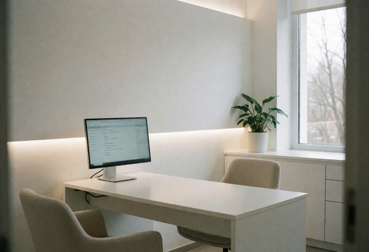 Clean and modern medical consultation room featuring a white desk, comfortable chairs, a monitor, and a plant near a window with natural light.