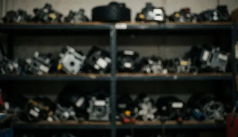 Shelves filled with dryer components in a dimly lit repair shop, providing a blurred background suitable for text overlay.