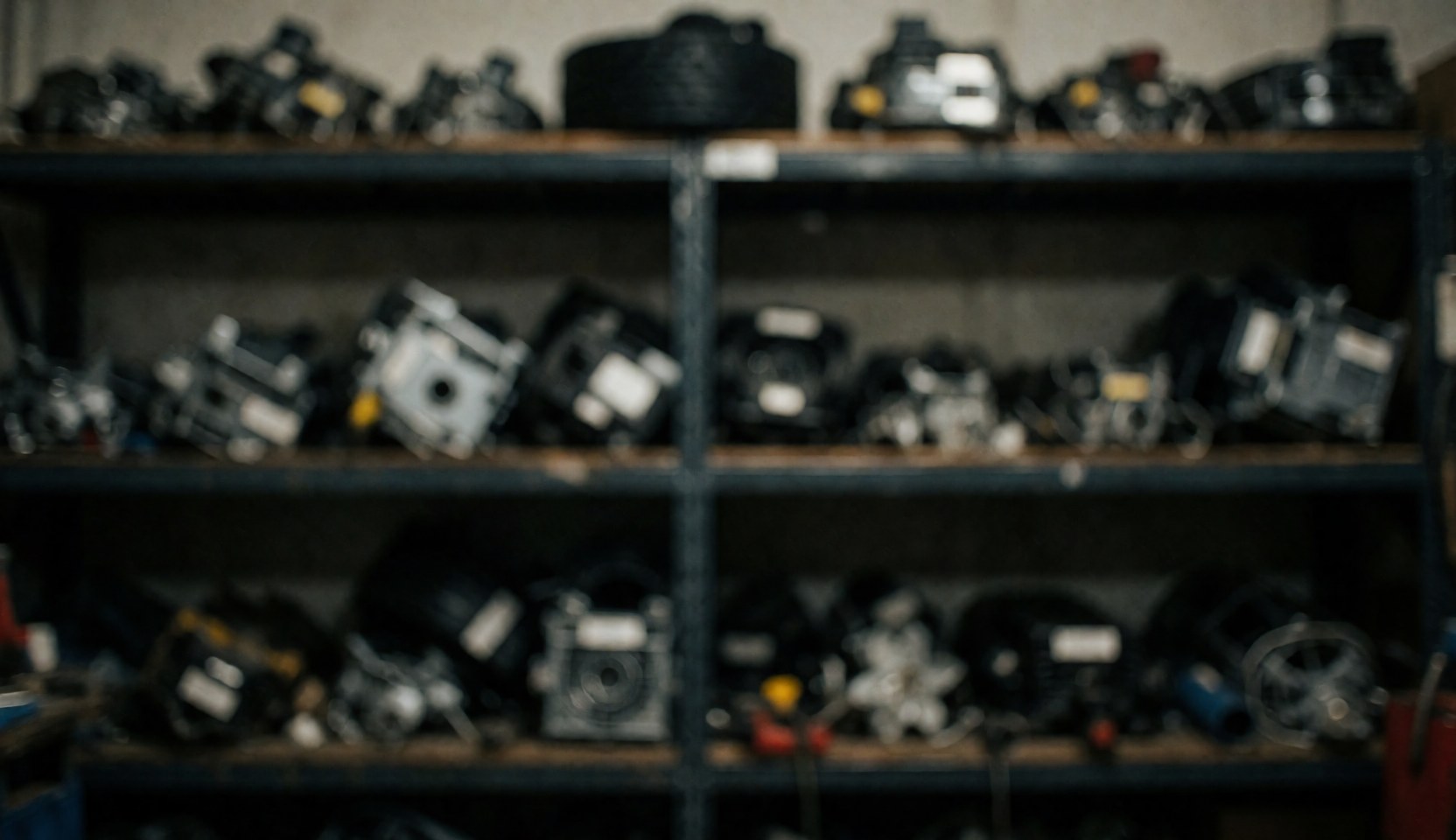 Shelves filled with dryer components in a dimly lit repair shop, providing a blurred background suitable for text overlay.