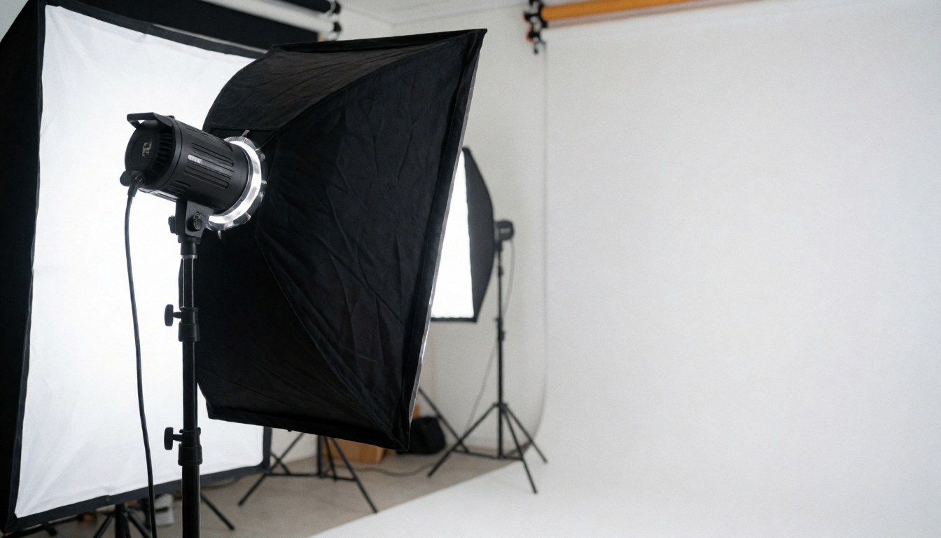 Professional video recording studio featuring softbox lighting, a seamless white curved backdrop, and lighting equipment in the foreground.