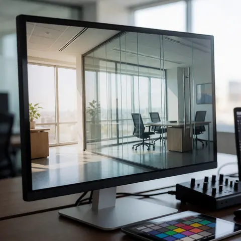 Professional monitor in a modern office with windows and natural light. A tablet and audio interface rest on a wooden table with a blurred background.