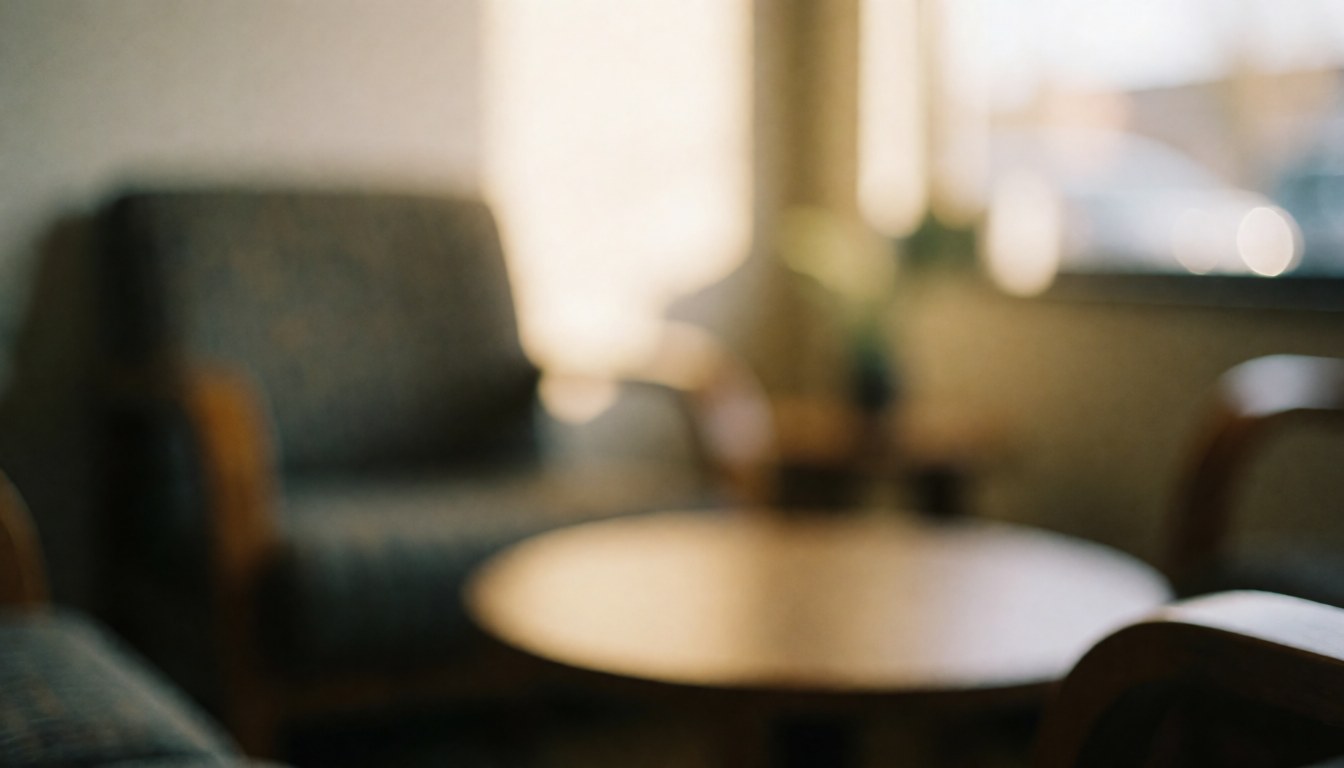 Soft focus background of a waiting room featuring chairs and a table with warm lighting, suitable for text overlays regarding repair services.
