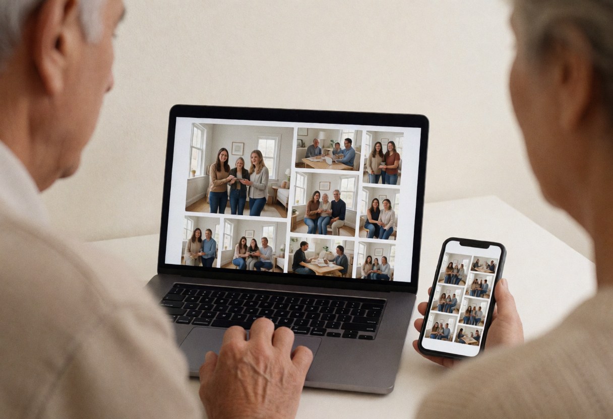 Event photographer reviewing synchronized digital gallery images on a laptop and smartphone at a white table with light walls