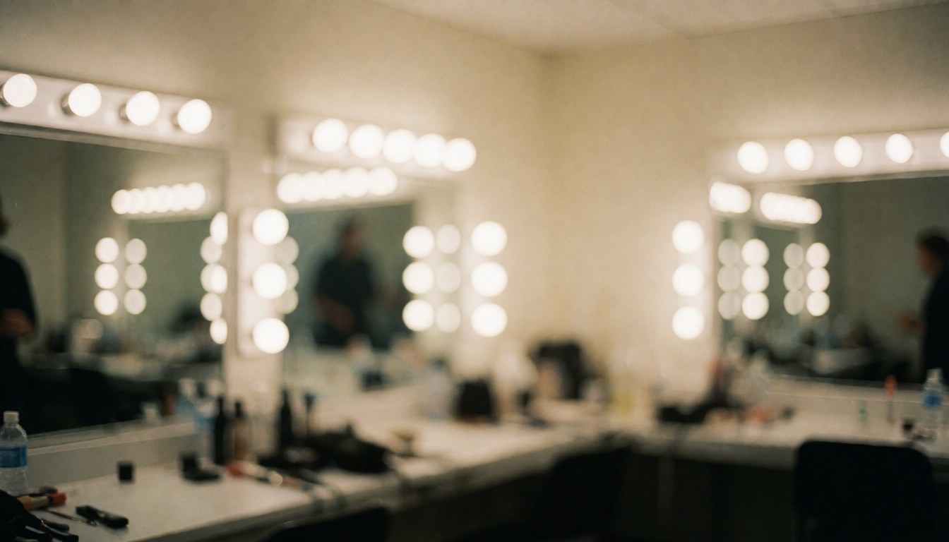 Soft focus background of an event dressing room featuring vanity mirrors, circular lights, and makeup tables, ideal for event photography text overlays