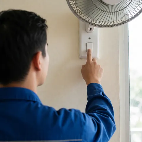 A technician in a blue uniform adjusts a wall-mounted fan switch in a home setting with natural light from a window.