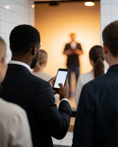 A man holding a smartphone while looking toward a stage with warm lighting, surrounded by other attendees at a professional gathering.