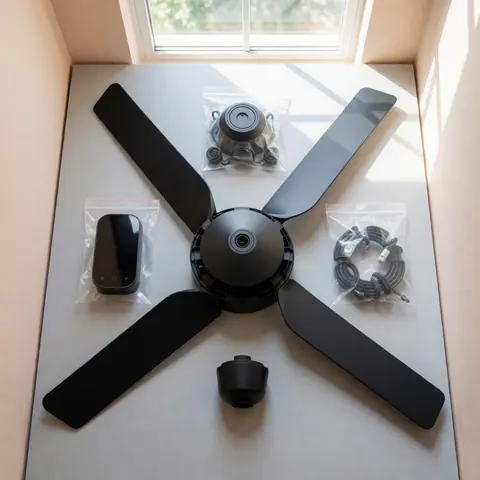 Disassembled LED fan kit with components in plastic bags on a gray surface near a window for repair catalog