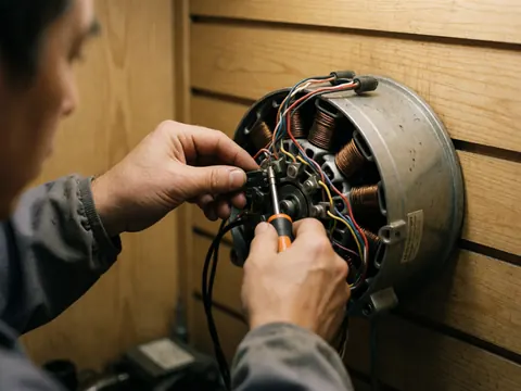 Close-up of gloved hands using a screwdriver to adjust fan motor terminals with visible copper coils and multicolored wires against a light wood background.
