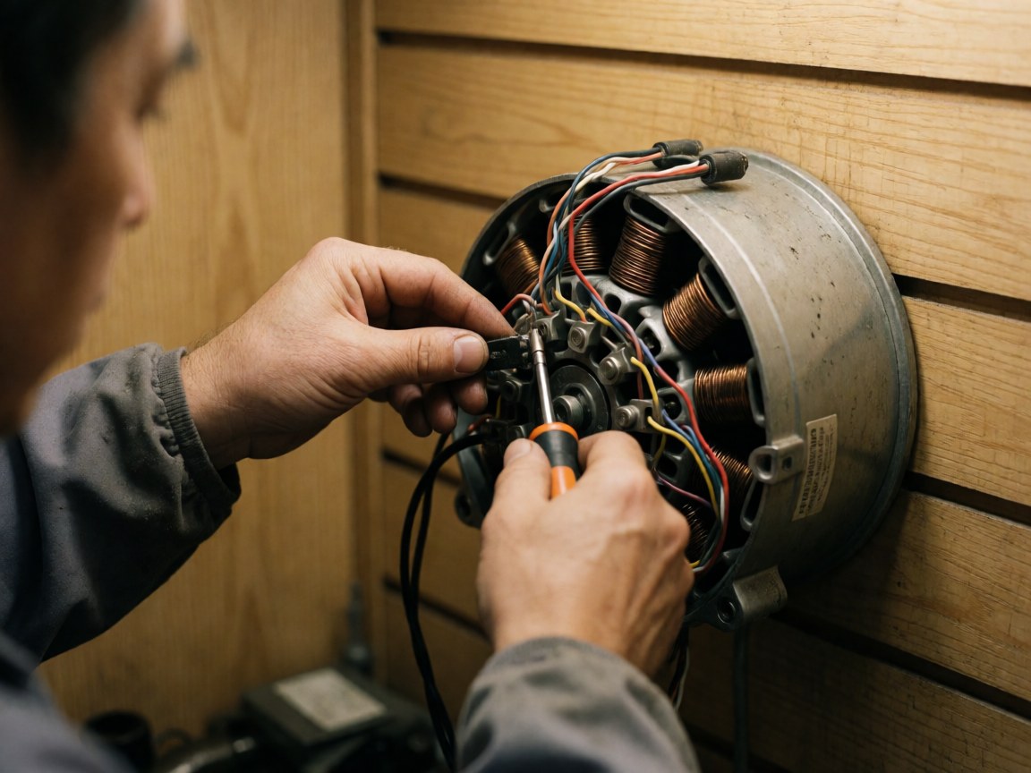 Close-up of gloved hands using a screwdriver to adjust fan motor terminals with visible copper coils and multicolored wires against a light wood background.