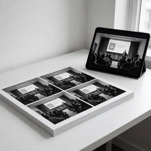 Stack of black and white conference prints on a white table next to a digital tablet displaying the same image with natural window light