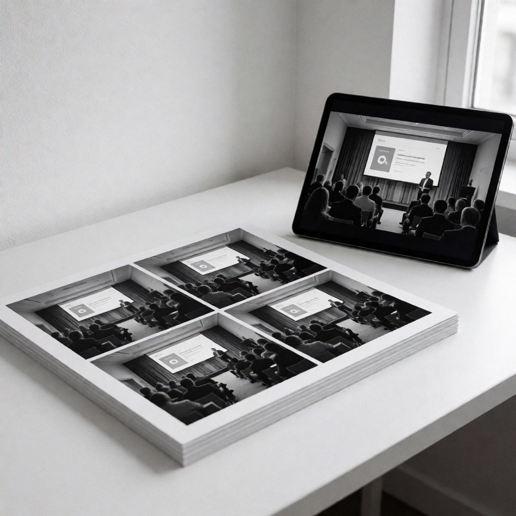 Stack of black and white conference prints on a white table next to a digital tablet displaying the same image with natural window light