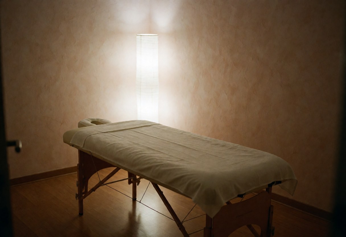 Empty massage treatment room featuring a table, terracotta walls, and soft lamp light creating a calm, clean atmosphere.