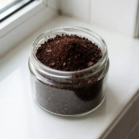 Glass jar filled with coffee and cocoa exfoliant sitting on a white countertop with natural window light highlighting the granular texture