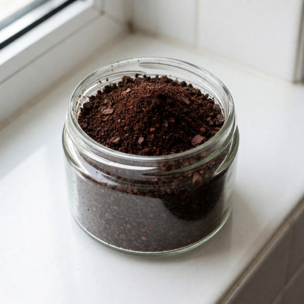 Glass jar filled with coffee and cocoa exfoliant sitting on a white countertop with natural window light highlighting the granular texture