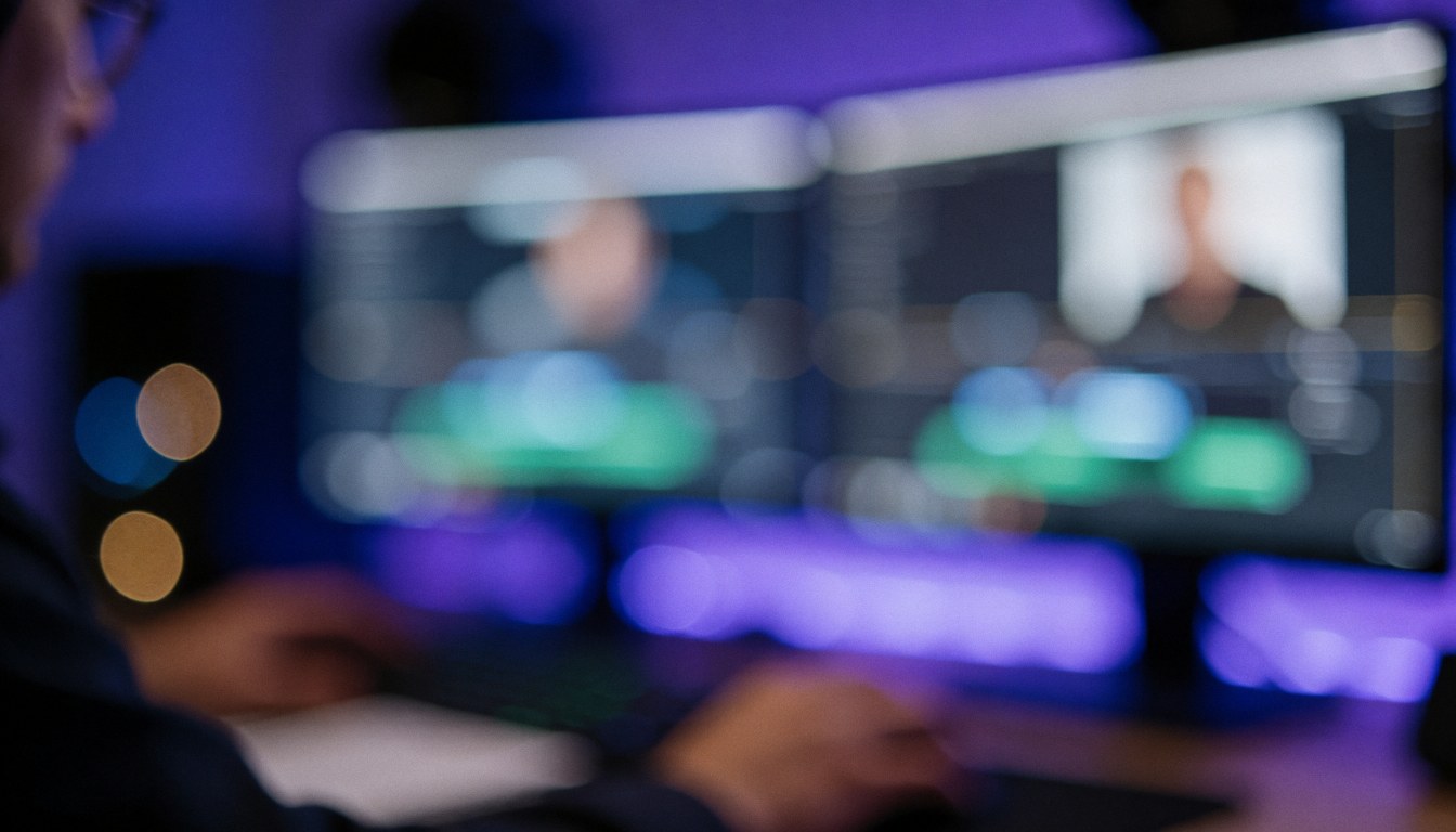 Blue and purple studio editing background with blurred screens and lights, ideal for text overlay