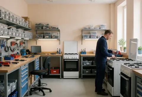 A technician working on a gas stove in a clean, organized workshop with tools and beige walls under natural light