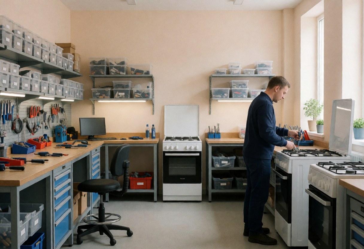 A technician working on a gas stove in a clean, organized workshop with tools and beige walls under natural light