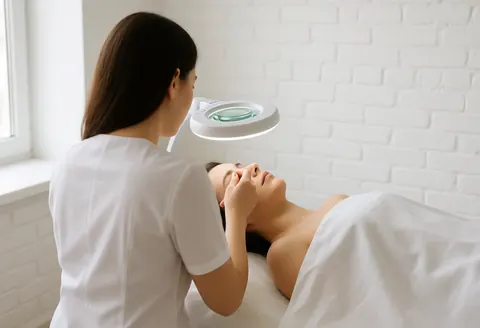 Therapist applying acne treatment with magnified light on client nose in white brick room with natural light