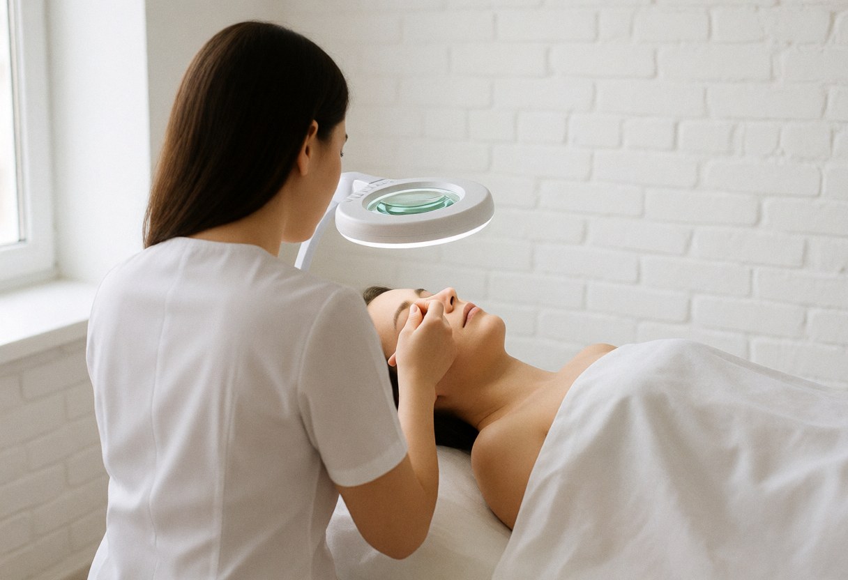 Therapist applying acne treatment with magnified light on client nose in white brick room with natural light