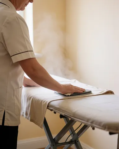 A laundry professional uses a steam iron on a garment over an ironing board, showcasing work technique and equipment in a clean environment.