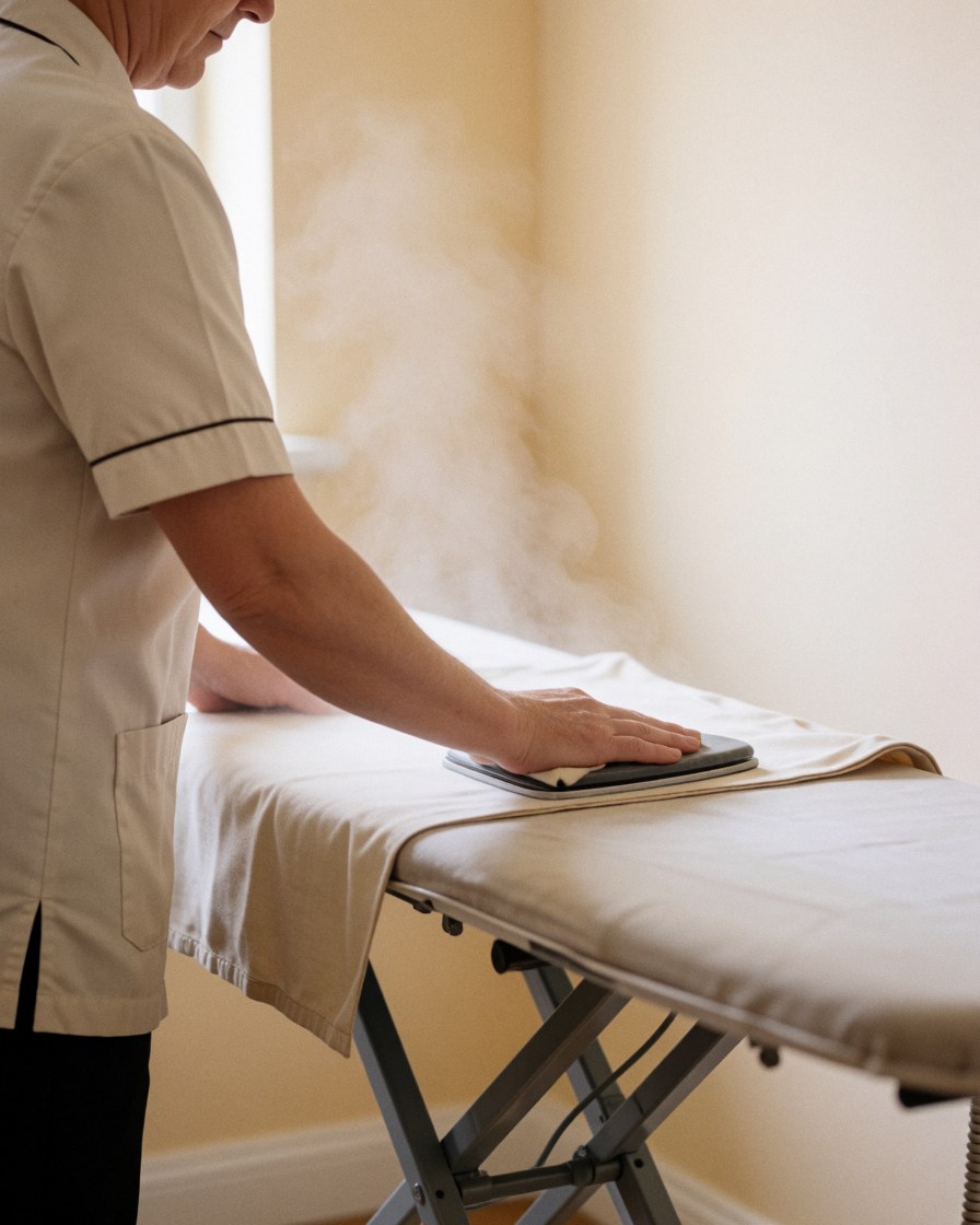 A laundry professional uses a steam iron on a garment over an ironing board, showcasing work technique and equipment in a clean environment.