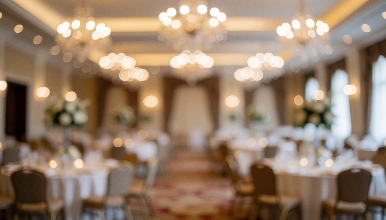 Softly blurred event hall background with covered tables, warm chandelier lights, and floral decor, ideal for text overlay