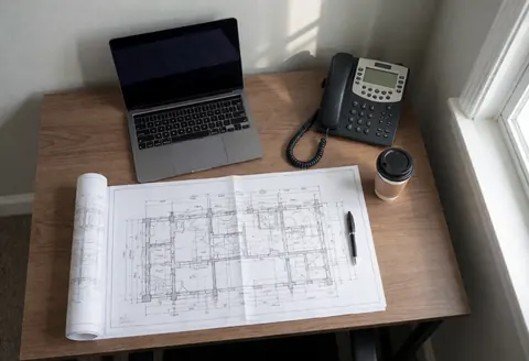 Technical blueprints, laptop, phone, and coffee on a wooden desk, representing elevator repair planning