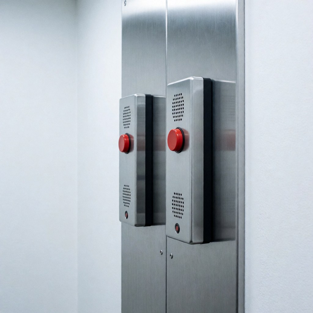 Two emergency intercoms with red buttons mounted on a metal panel in an elevator room. Clean cold lighting, white walls, and robust industrial design.