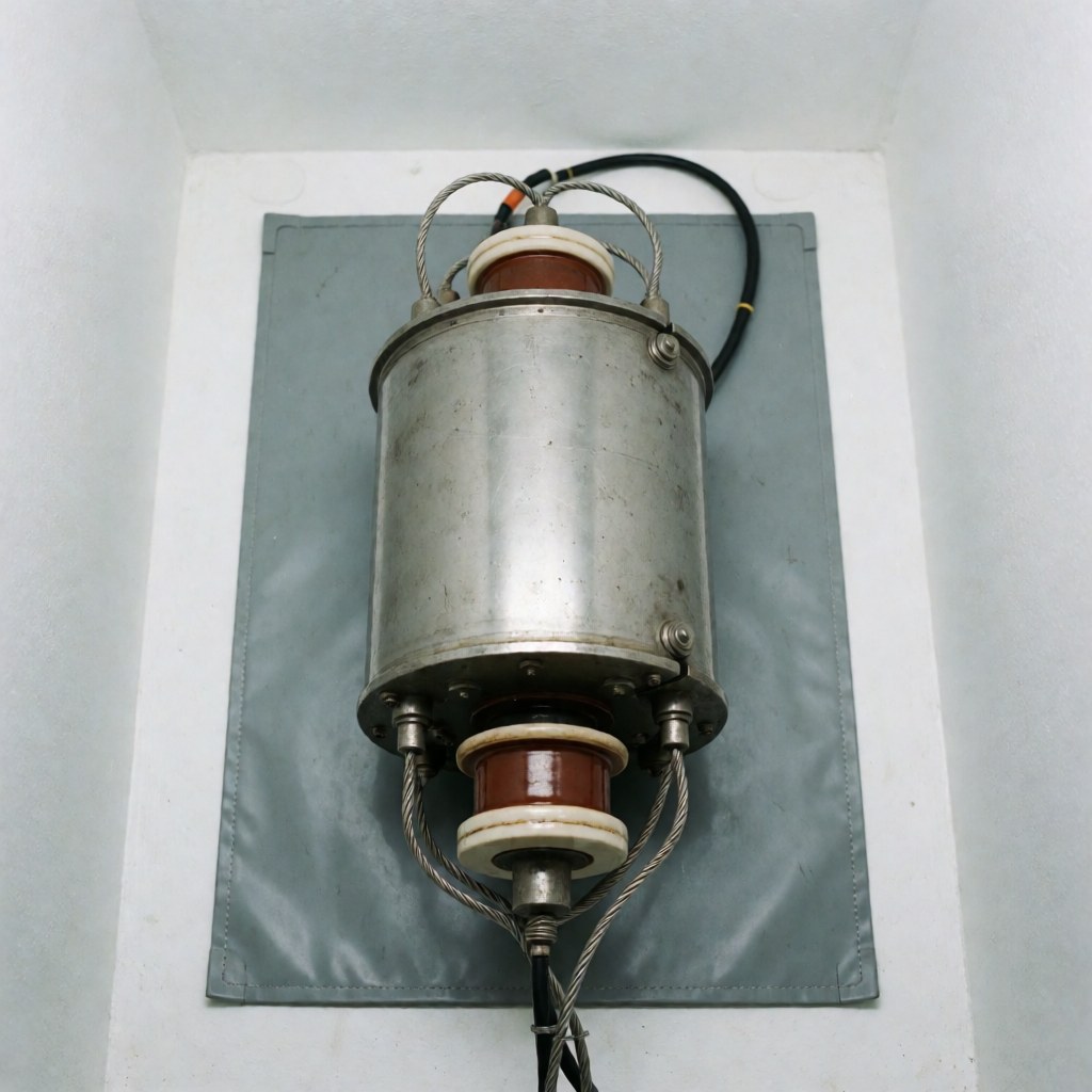 Microwave magnetron with ceramic insulators and wires on a gray anti-static mat against white walls with clinical lighting