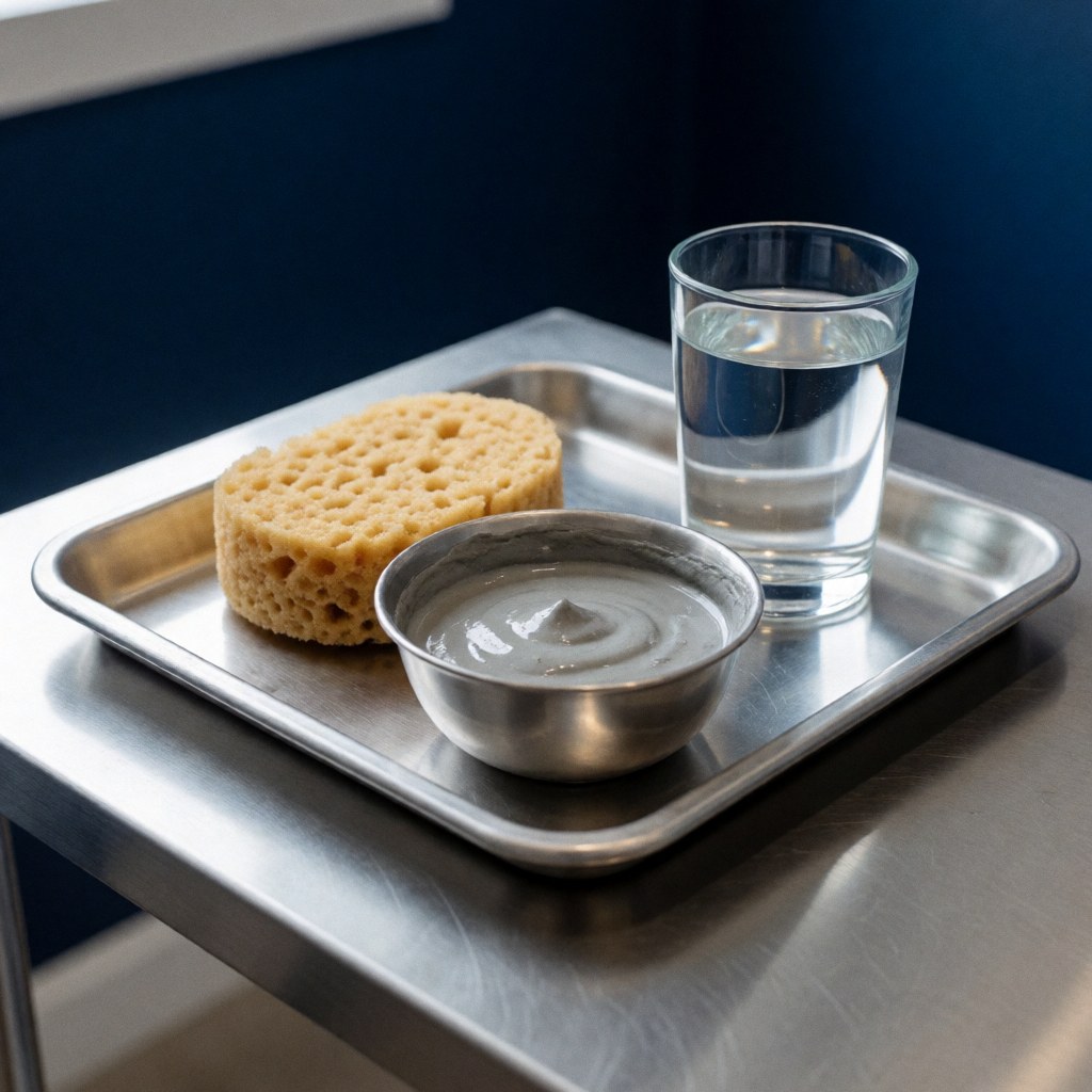 Stainless steel tray holding a sponge, gray clay, and a glass of water on a metal table against a dark blue wall in a professional clinical setting